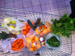 Voici mon panier de courses pour deux-trois jours pour préparer mes jus de fruits et mes jus de légumes. 